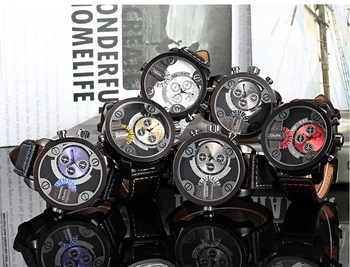 OULM de los Hombres Casual Militar de Cuarzo reloj de Pulsera Correa de Cuero Oversize Zona horaria Dual Sub Dial de Lujo DZ Relojes de Diseño + Caja de Regalo