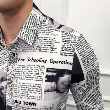 Periódicos en 3D de Impresión Camisa Masculina 2019 Diseñador de Moda Delgado Vestido de Fiesta de la Camisa de los Hombres de la Moda de Manga Larga Camisa Ocasional de la Camisa de