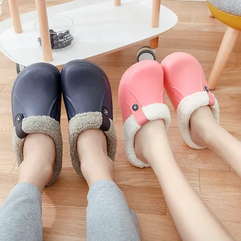 Nueva Impermeable Par de Zapatillas de Invierno Zapatillas de Interior Suave Zapatos Casual Crocus Zuecos de Piel Forro Polar Piso de la Casa de la Mujer