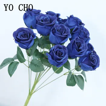 12 Cabezas de Flores Artificiales Ramo de Rosas de color Azul Real de Pequeñas Rosas Falso Ramo de Flores para la Fiesta de la Boda Decoración del Hogar, Flores de Seda