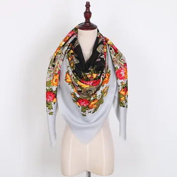 De lujo Impresión Oversize Mantas Cuadradas de las Mujeres rusas de Novia Bufanda Estilo Retro Pañuelo de Algodón de Invierno Chal 140*140 cm