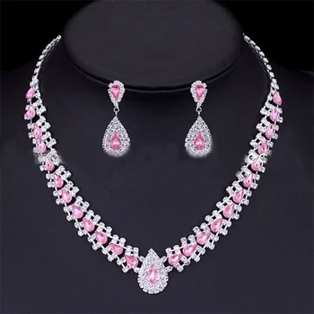 Blanco elegante negro Gota de Agua, sistema de la Joyería de diamantes de imitación de color rosa pendientes del collar de la conjunto de la boda Accesorios de las Mujeres