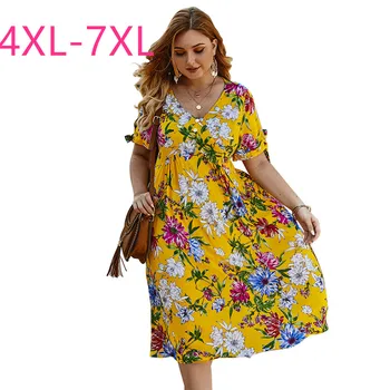 2021 verano más el tamaño de vestido de las mujeres de gran tamaño de manga corta floja casual elástico de la cintura de la flor de cuello V vestidos de amarillo 4XL 5XL 6XL 7XL