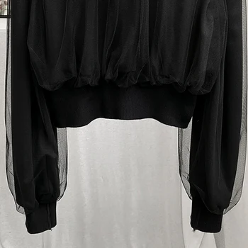 VGH Negro Patchwork Camiseta Para las Mujeres de Solapa de Manga Larga de Malla Minimalista de Gran Tamaño POLO Camisetas de Mujer Ropa de Moda de Nueva 2020